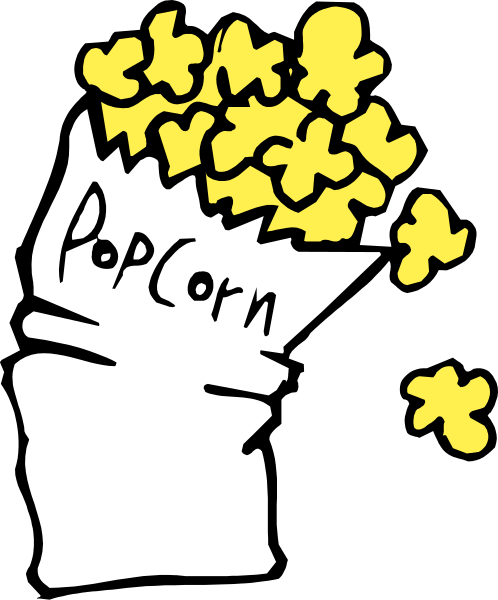 The image shows a cartoon of popcorn with text that reads "Popcorn" on it next to an open bag labeled as such in black lettering against a white background.