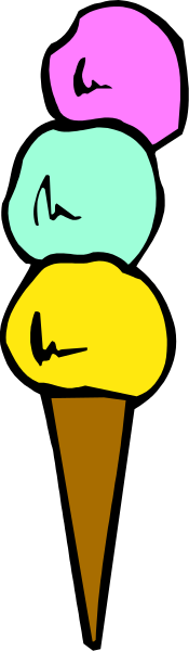 The image shows a colorful ice cream cone with three scoops of different flavors on top against an abstract background that resembles stripes in shades of brown and gray.
