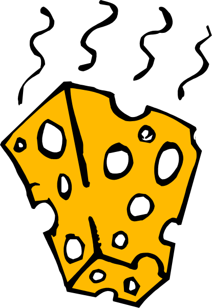 The image shows a black and white illustration of an orange cheese wedge with holes on it against a gray background.