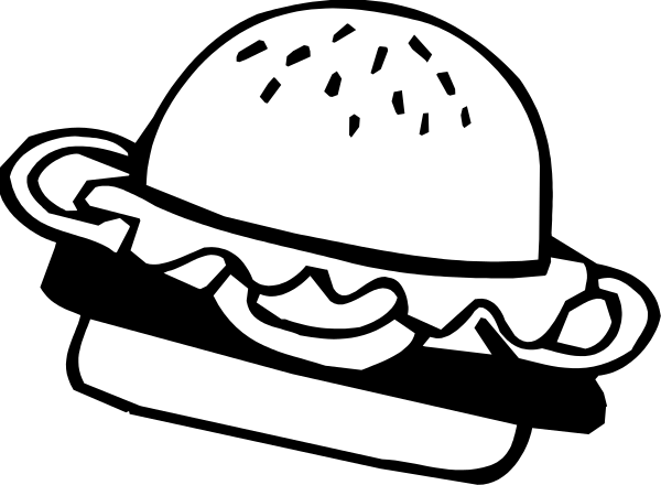 The black and white illustration shows a hamburger with lettuce on top of it inside an open bun next to what appears to be a strawberry milkshake in front of them both.