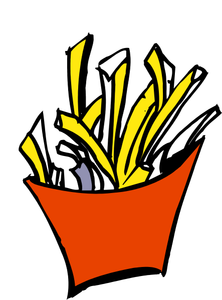 The image shows a cartoon of French fries with ketchup inside an open red container against a black background.