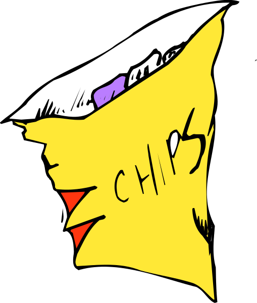 The image shows a cartoon of an open chip bag with text that reads "CHIPS" on it against a black background.