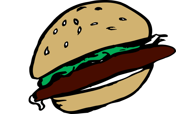 The image shows a simple line drawing of an open hamburger with sesame seeds on top bun, lettuce inside, and what appears to be cheese in between two slices of bread.