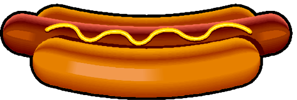 The image shows two hot dogs with mustard on them against a gray background.