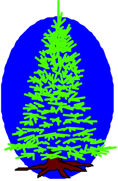 The image shows a stylized representation of an evergreen tree with blue needles against a dark background on the left side.