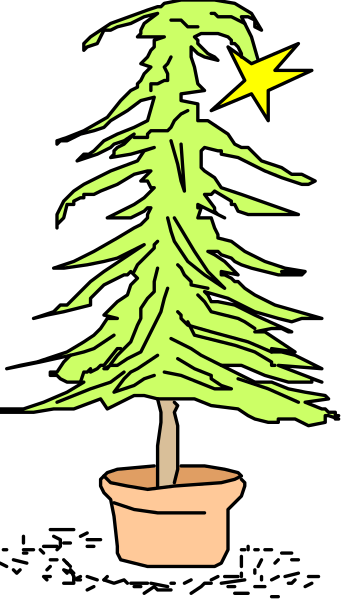 The image shows a cartoon of an artificial Christmas tree with green needles inside a brown pot on top of what appears to be a black surface against a white background; there is also a small star atop the tree, and it's placed next to a vertical banner that has some text.