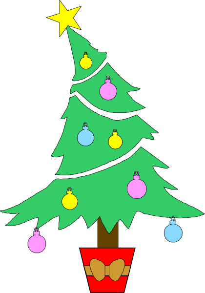 The image shows a cartoon of an artificial Christmas tree with colorful balls on it placed next to what appears to be a blackboard background.