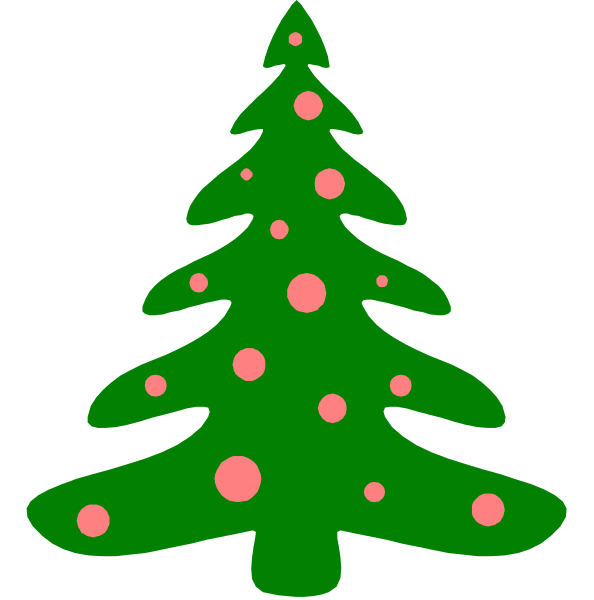 The image shows a simple green Christmas tree with pink dots representing lights on it against a black background.