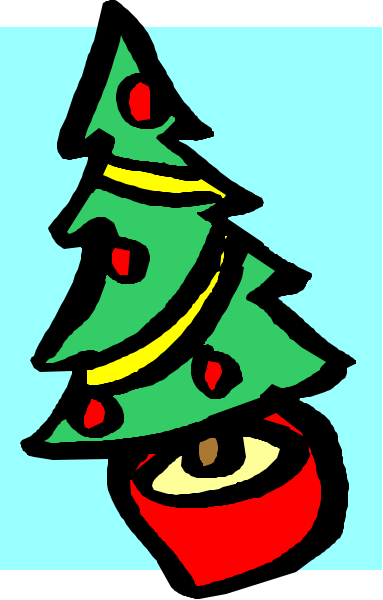 The image shows a cartoon of an apple tree with red apples on it next to a Christmas tree decorated for Christmas day.