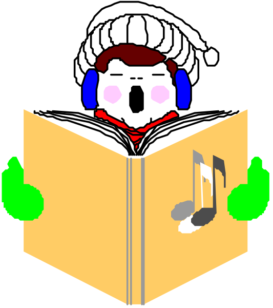 The image shows a cartoon of an animated character holding open a book with music notes on it while wearing headphones around their neck; there is no text present in this clip-art illustration.