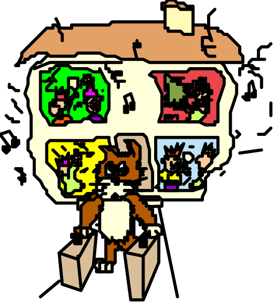 The image shows a cartoon of an anthropomorphic fox character standing next to what appears to be a vending machine with four compartments each containing different items: food in one section, books in another, and two more sections that seem empty but could potentially contain other types of merchandise.