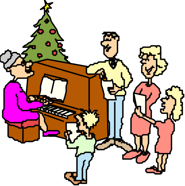 The images show a family gathered around an organ with sheet music open on it; there is also a Christmas tree present.