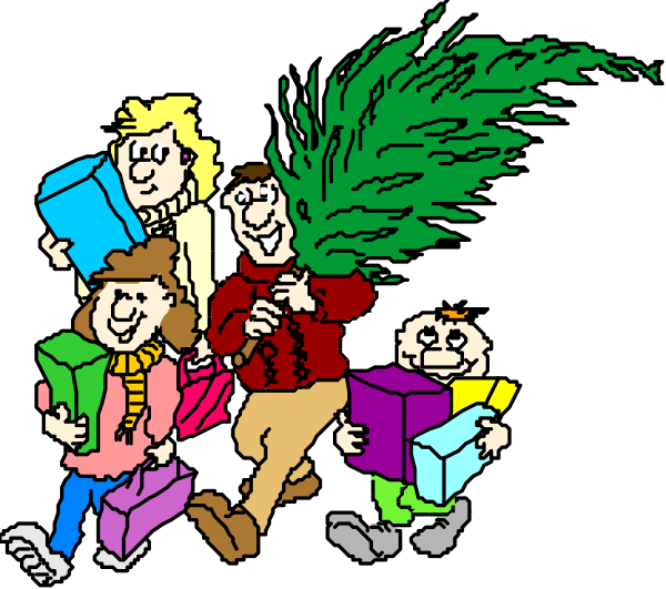The illustration depicts a group of four animated characters standing together with presents; behind them is an evergreen tree blowing in wind from left to right against a dark background.