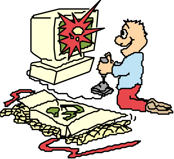 The cartoon shows a man kneeling on the ground next to an open laptop with its screen shattered; he is holding what appears to be a small bomb in his hand while looking at it intently.