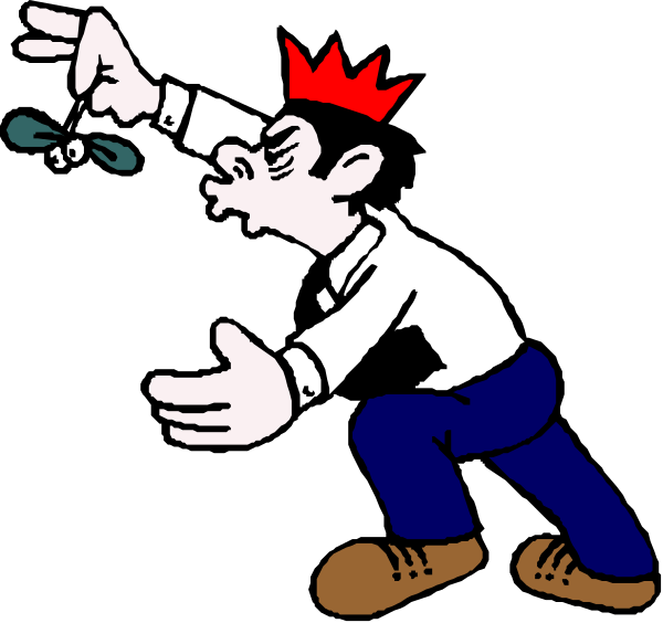 The cartoon shows a man with his arms outstretched pointing at something above him while wearing a crown on top of his head; he is standing in front of another figure who appears to be blowing bubbles, and there's an insect flying towards them both from below.