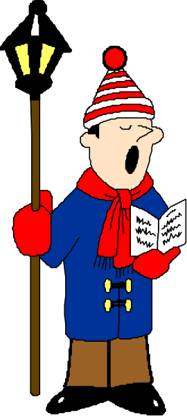 The cartoon depicts a man dressed as Santa Claus holding an open book with his left hand while standing against a dark background; he is wearing red pants, boots, gloves, and has white hair and beard.