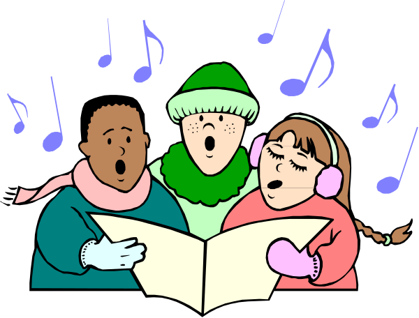 The illustration shows three cartoon characters singing from sheet music while holding a book with musical notes on it; there is also an open-booked piano in front of them that has been colorfully decorated to look like Christmas, and two children wearing winter clothing listen attentively as they stand behind the singers.