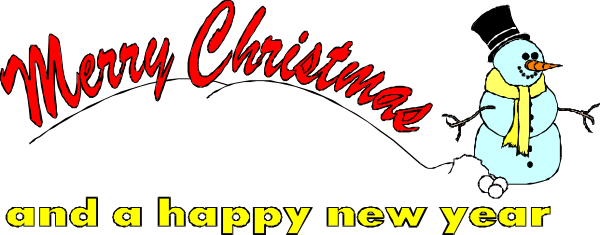 The image features a Christmas greeting with text that says "Merry christmas" at top left corner, an animated snowman in center right holding a sign saying "and happy new year," and below it is another line of red text reading "New Year."