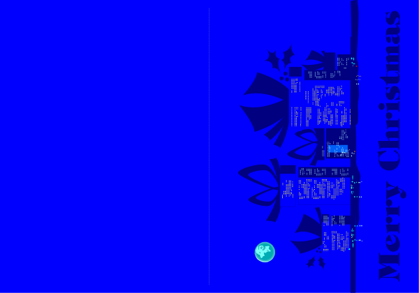The image shows a Christmas card with various elements such as presents, trees, snowflakes, stars, and text that says "Merry Christmas."