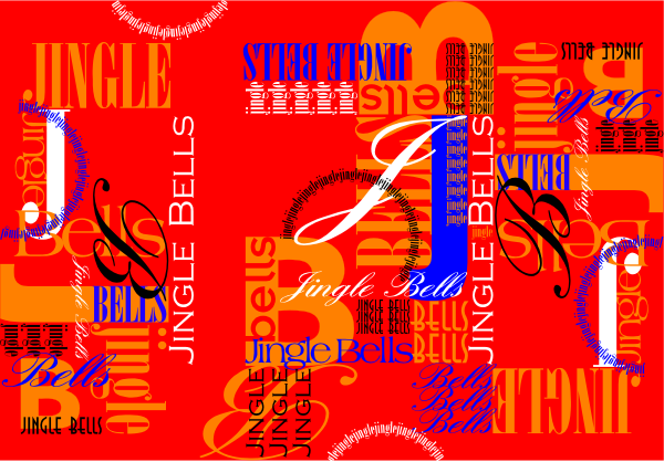 The image shows a colorful collage with various words like "jungle," "bells," "tune," "ringles" in different fonts against an orange background.