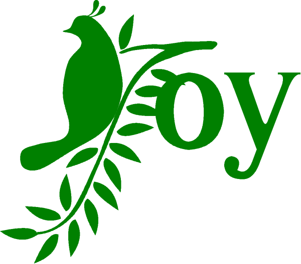 The image shows a graphic with text that reads "JOY" at the top right corner of an oval shape containing two doves facing each other above what appears to be leaves on either side.