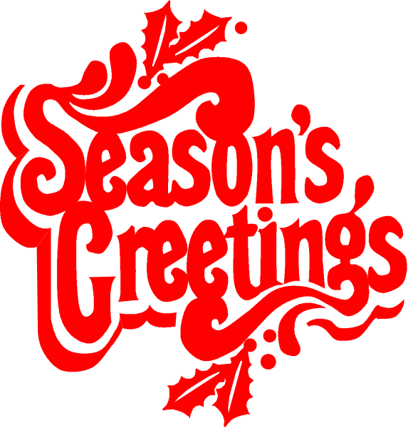The image features a holiday greeting card with text that reads "Season's Greetings" at both ends of an illustration resembling snowflakes in red coloring against white background.