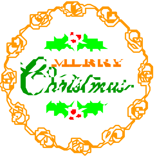 The image shows a pixelated representation of two badges with text on them against an orange background; there is no clear depiction of any other object, person, animal, action, or specific setting in this small clip-art image.