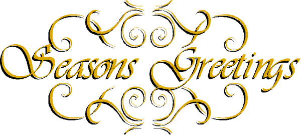 The image shows a holiday greeting with text that reads "seasons' greetings" on top of an intricate scroll design in gold coloring against a dark background.