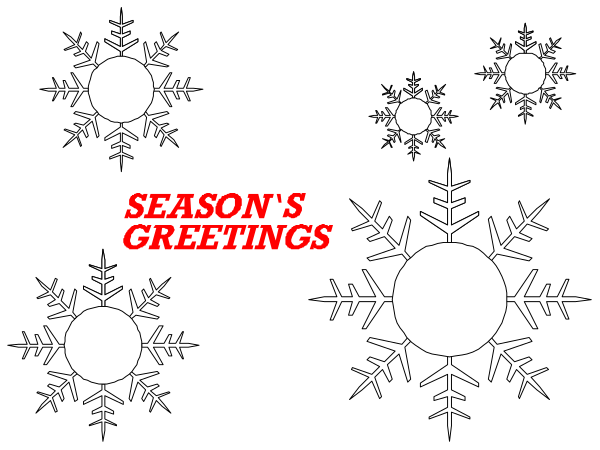 The image shows a black background with white snowflakes of various sizes scattered around it; at the bottom center is text that reads "Season's Greetings" in red letters against a darker gray rectangle, which suggests this might be an e-card or greeting card design for Christmas.