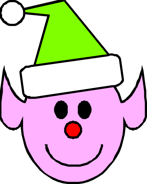 The image shows a cartoon of an elf's head wearing a Santa hat with eyes closed, smiling broadly against a black background.