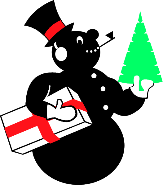 The image shows a black silhouette of Santa Claus holding an open gift box with presents inside it against a dark background; to his right is a green Christmas tree on top of which sits another present wrapped in red and white paper, suggesting that this scene represents holiday giving or receiving gifts during the festive season.