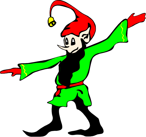 The image shows a cartoon of an elf with green clothing standing on its toes against a black background.