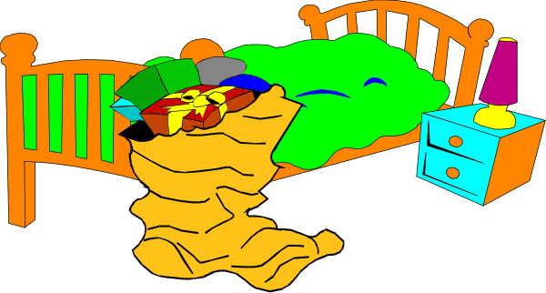 The cartoon shows a room with various items: there's an unmade bed on which rest two pillows; to one side of the image is a nightstand holding what appears to be a lamp and possibly some other objects, but it's not clear due to their small size in relation to everything else. In front of this tableau sits another object that looks like a large piece of paper or cardboard with an illustration on top; below are two smaller pieces of paper or cardboard resembling hands holding up the larger one as if they were puppets, but it'