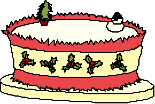 The image shows a Christmas cake with red frosting on top of it decorated to look like snowmen wearing hats; two cakes side by side in front of each other against a black background.