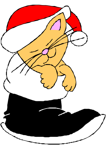 The cartoon shows a cat wearing Santa Claus's hat with its paws clasped together as if it is praying or begging for something.