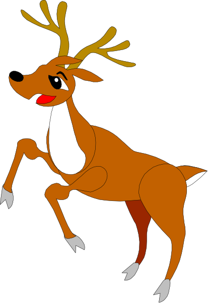 The image shows a cartoon deer with antlers standing on two legs against a black background.