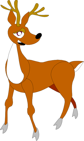 The image shows a cartoon deer with antlers standing on two legs against a black background.