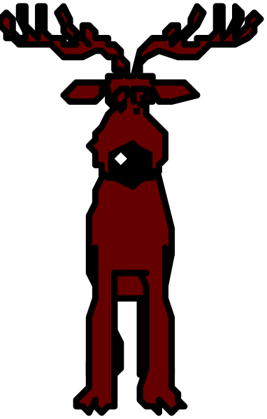 The image shows a pixelated red creature standing upright against a dark background within what appears to be an enclosed space with two visible walls forming corners at top left and bottom right of frame.