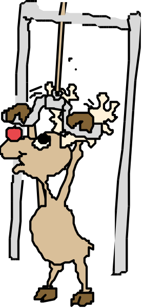 The cartoon shows a reindeer hanging from an object that looks like it could be part of some kind of machine with gears around its neck, suggesting movement or action is taking place within this frame; there's no text present in the image to provide additional context about what might happen next.