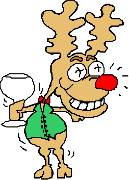 The cartoon depicts a reindeer dressed as Santa Claus holding an adult beverage while standing on what appears to be a rooftop during Christmas time with snow in the background.