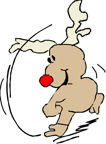 The image shows a cartoon depiction of an anthropomorphic reindeer character with red eyes running on what appears to be snow-covered ground against a dark background.