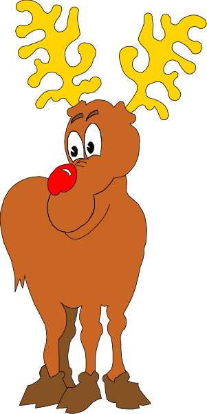 The image shows a cartoon reindeer with red nose standing next to another figure that appears humanoid but is stylized in an anthropomorphic manner; both figures have exaggerated facial features typical of clip-art illustrations, and there's no background detail provided beyond the silhouette.