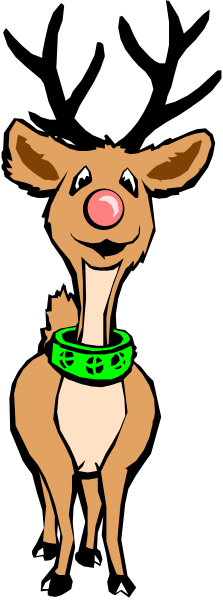 The image shows a cartoon of Santa Claus with his tongue sticking out playfully while standing next to an animated reindeer wearing a green collar around its neck.