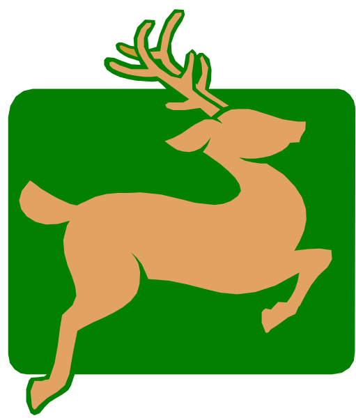 The image features a stylized deer's head with antlers on top of it inside an orange square background that is outlined by white lines forming a diamond shape within another larger green rectangle outline.