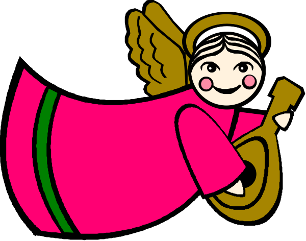 The image shows a cartoon angel with wings holding an instrument that resembles a violin case; it is colored in shades of pink and green against a black background.