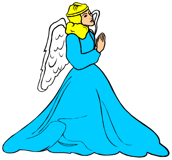 The image shows two animated characters: a female angel with wings on her back standing to the left of another character who is depicted as an old woman in blue attire kneeling down towards something that appears to be water, possibly praying over it; both figures have halos around their heads and are set against a dark background.