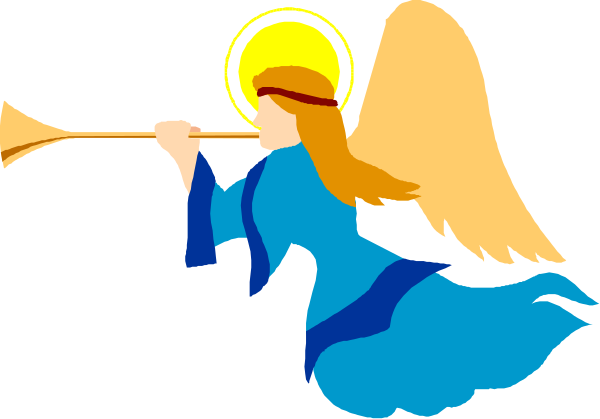 The image shows a cartoon angel playing an instrument with wings spread out behind them against a dark background.