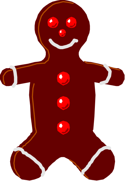 The image shows a gingerbread man with red eyes drawn on it against a gray background.