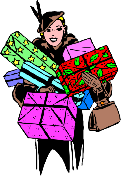 The image shows a person holding colorful gift boxes with various patterns on them against a black background; there is no text present in this clip-art illustration.
