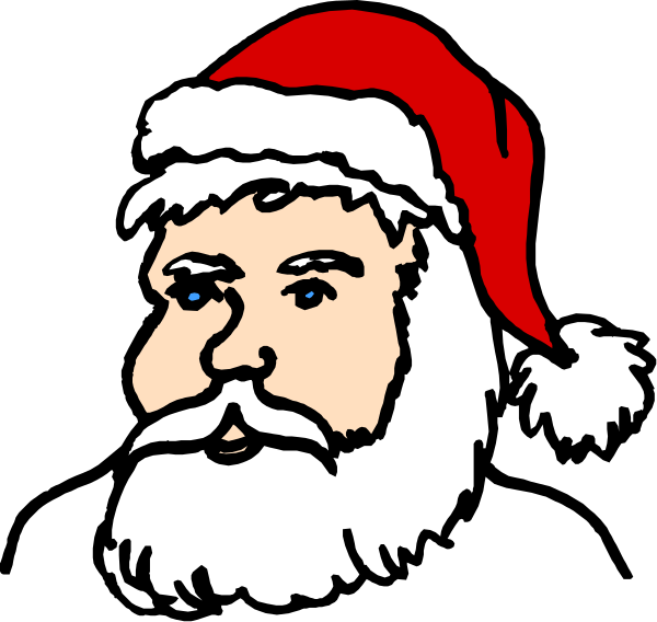 The image shows a cartoon of Santa Claus wearing his traditional red suit with white trim around the cuffs and collar, black boots, and a hat adorned with furry balls on top; he is smiling at something off-frame while standing against a plain background.